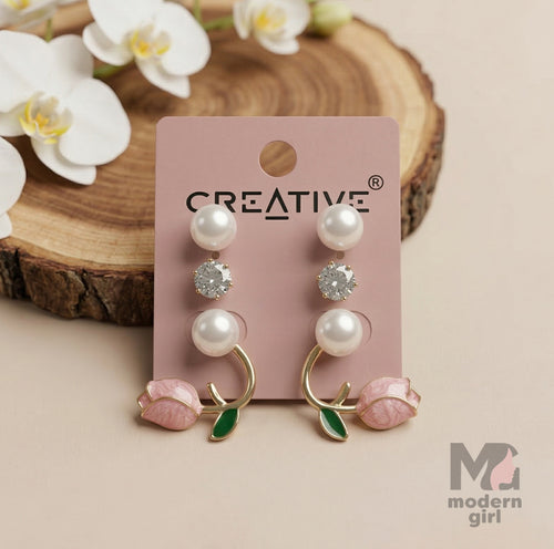 Elegant Rose Pearl & Crystal Drop Earrings