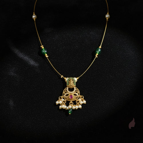 Invisible Chain Temple Necklace with Green Beads & Pearls