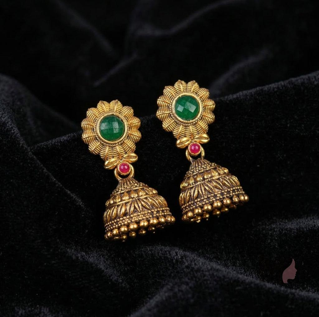 Traditional Temple Jhumka Earrings with Stone Stud | Antique Ethnic Jewelry for Women