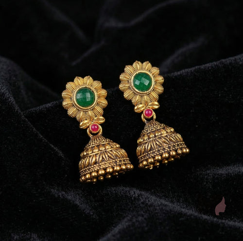 Traditional Temple Jhumka Earrings with Stone Stud | Antique Ethnic Jewelry for Women
