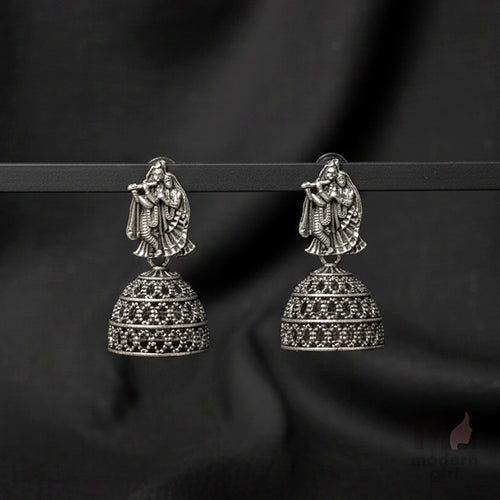 Krishna & Radha Flute Jhumka Earrings – Antique Oxidised Silver