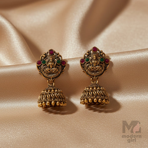 Antique Gold Temple Jhumka Earrings with Lakshmi Design – Traditional South Indian Jewelry