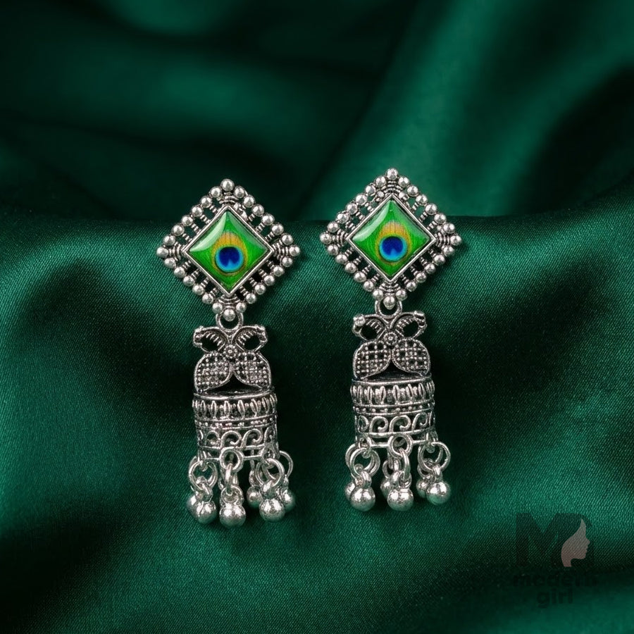 Peacock  Oxidised Silver Jhumka Earrings
