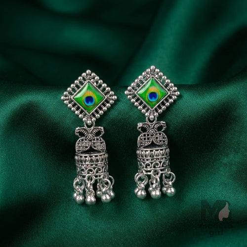 Peacock  Oxidised Silver Jhumka Earrings