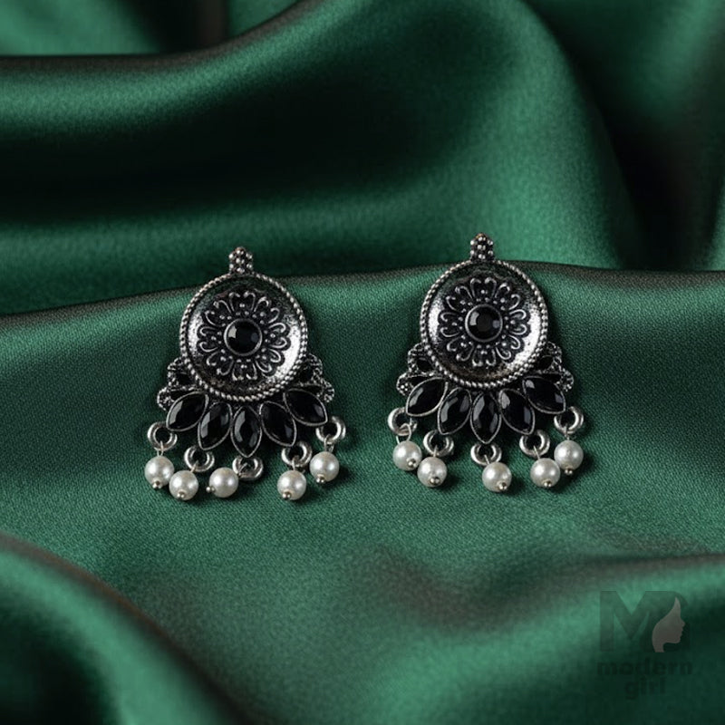 Black Stone German Silver Earrings