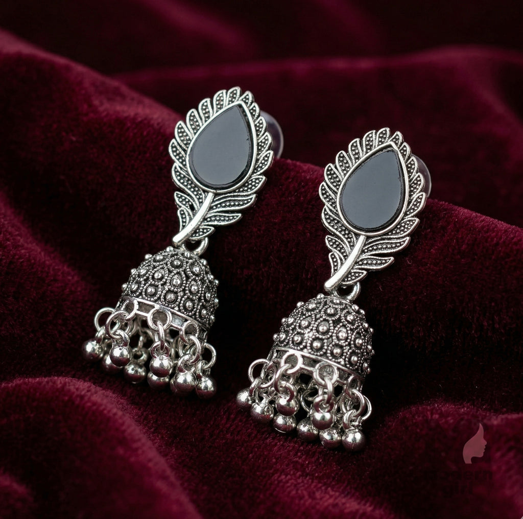 Black Stone Leaf Design Oxidized Silver Jhumka Earrings for Women