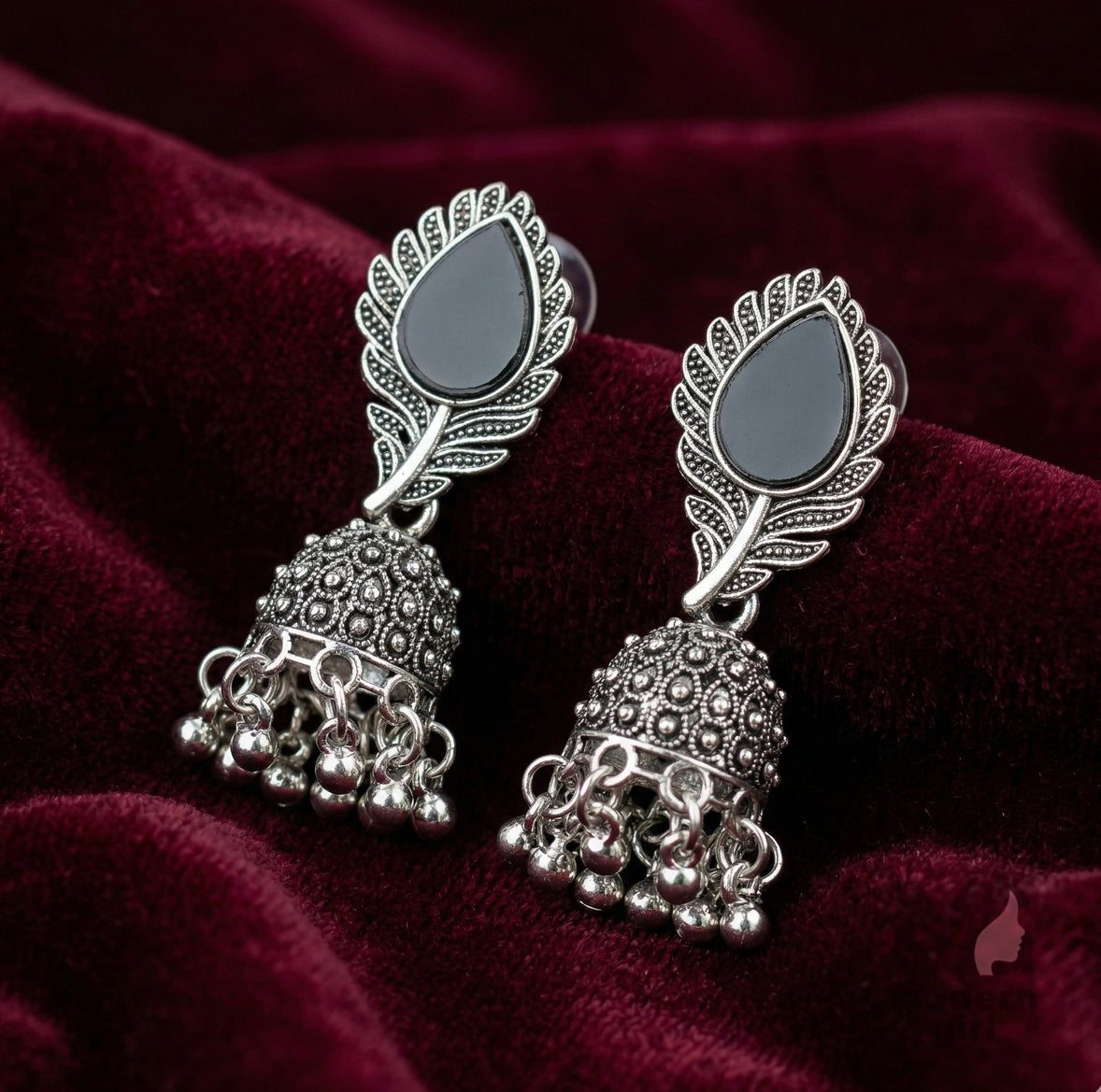 Black Stone Leaf Design Oxidized Silver Jhumka Earrings for Women