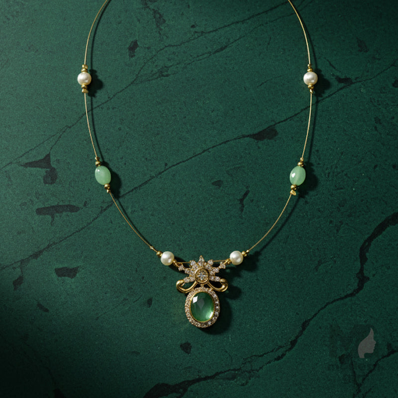 Invisible Chain Necklace with Oval Green Stone & Pearls