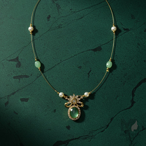 Invisible Chain Necklace with Oval Green Stone & Pearls