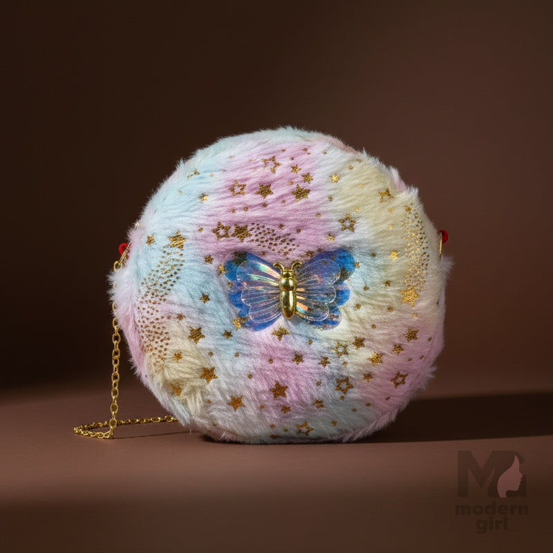 Round Pastel Fur Handbag with Butterfly Charm – Trendy Sling Bag for Women & Girls