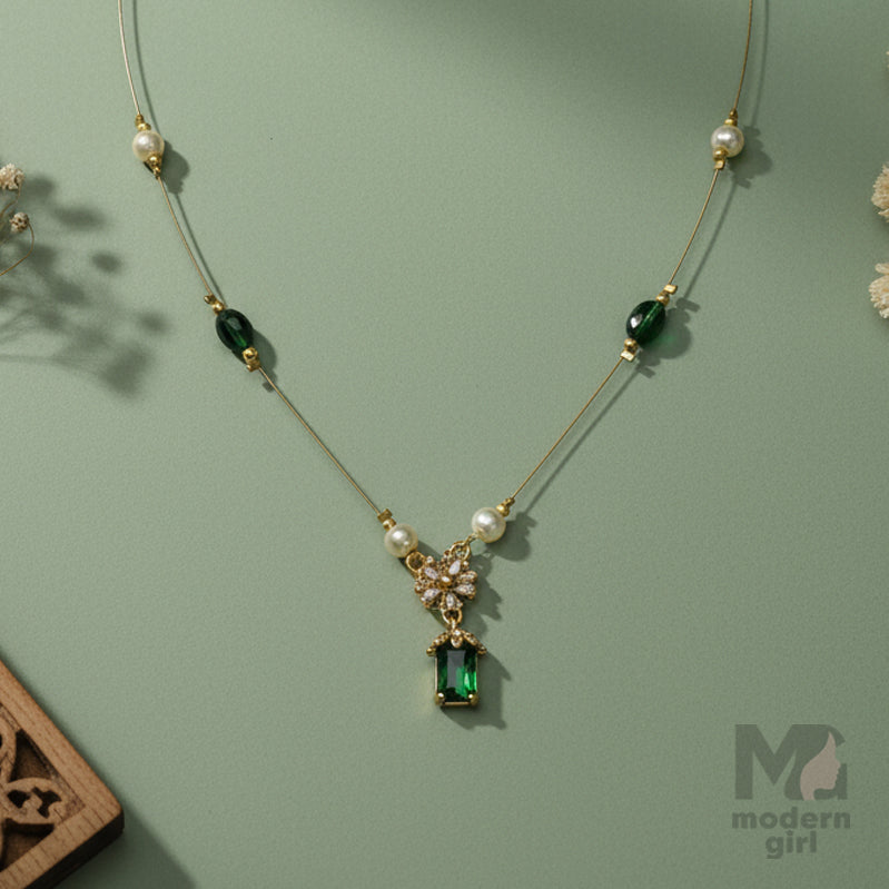 Invisible Chain Necklace with Green Stone & Pearls