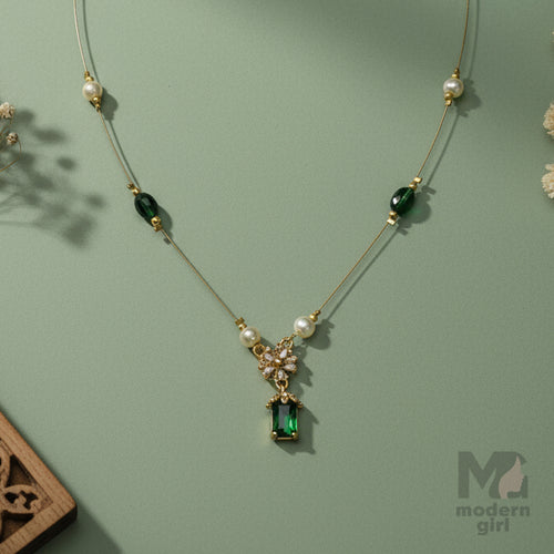 Invisible Chain Necklace with Green Stone & Pearls