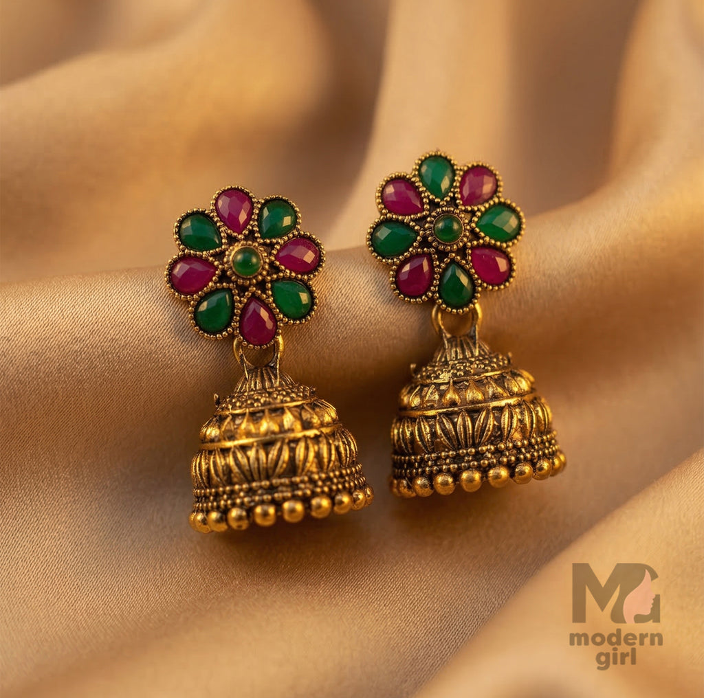 Antique Gold Floral Stone Jhumka Earrings | Red & Green Temple Jewelry for Women
