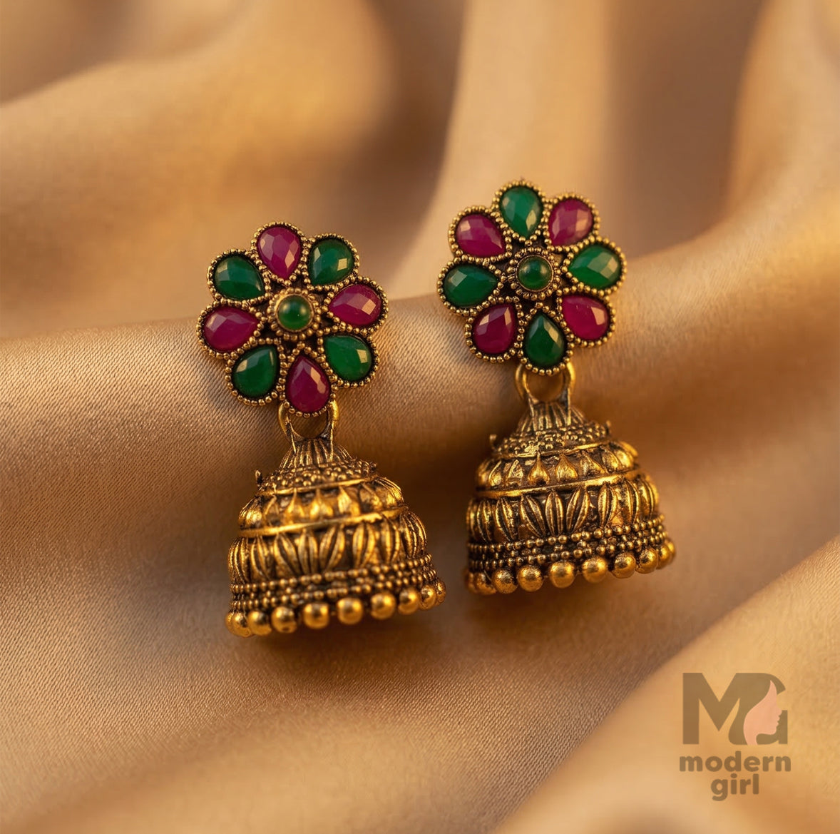 Antique Gold Floral Stone Jhumka Earrings | Red & Green Temple Jewelry for Women