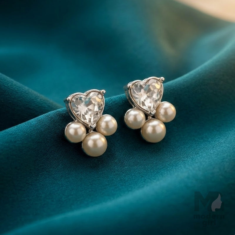 Crystal Heart Pearl Cluster Earrings