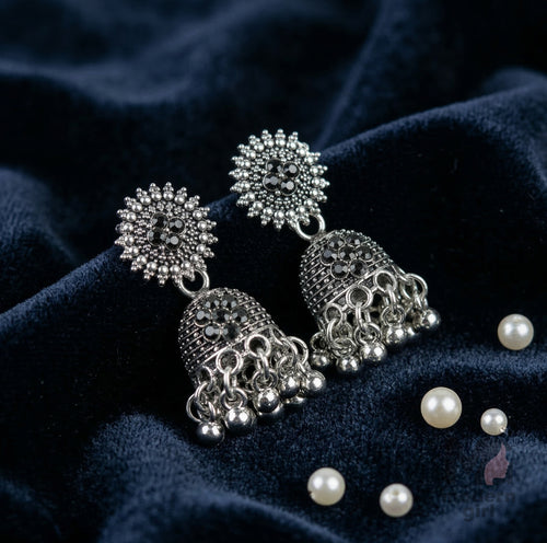 Black Stone Oxidized Silver Jhumka Earrings for Women