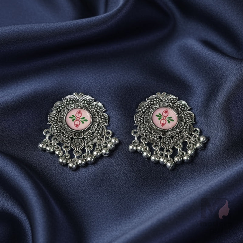 German Silver Earrings with Floral Artwork & Beaded Danglers