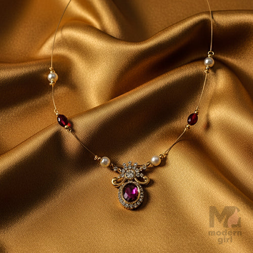 Invisible Chain Ruby Pendant Necklace with Pearls & Stones