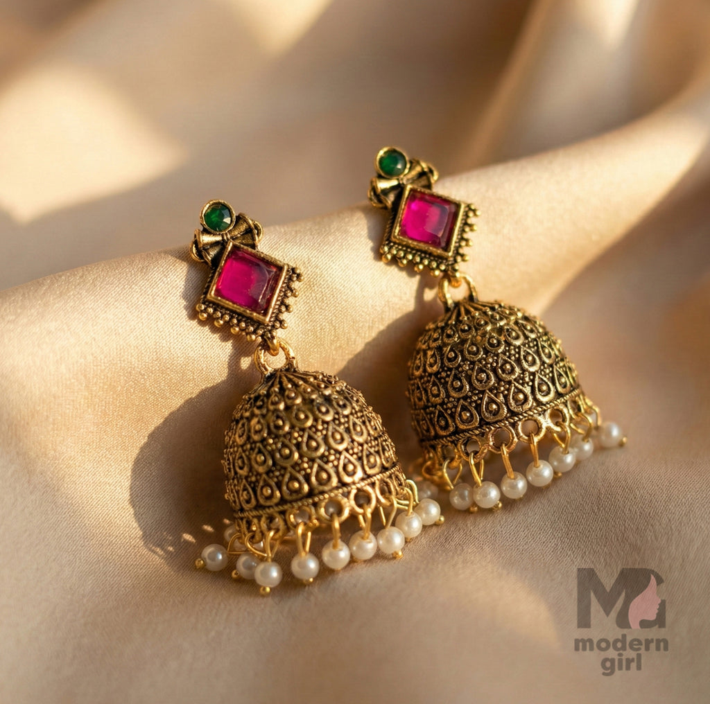 Antique Gold Jhumka Earrings with Ruby Stone & Pearl Drops