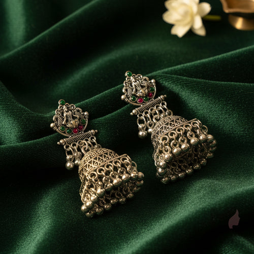 Oxidized Silver Dome Jhumka Earrings with Intricate Temple Design
