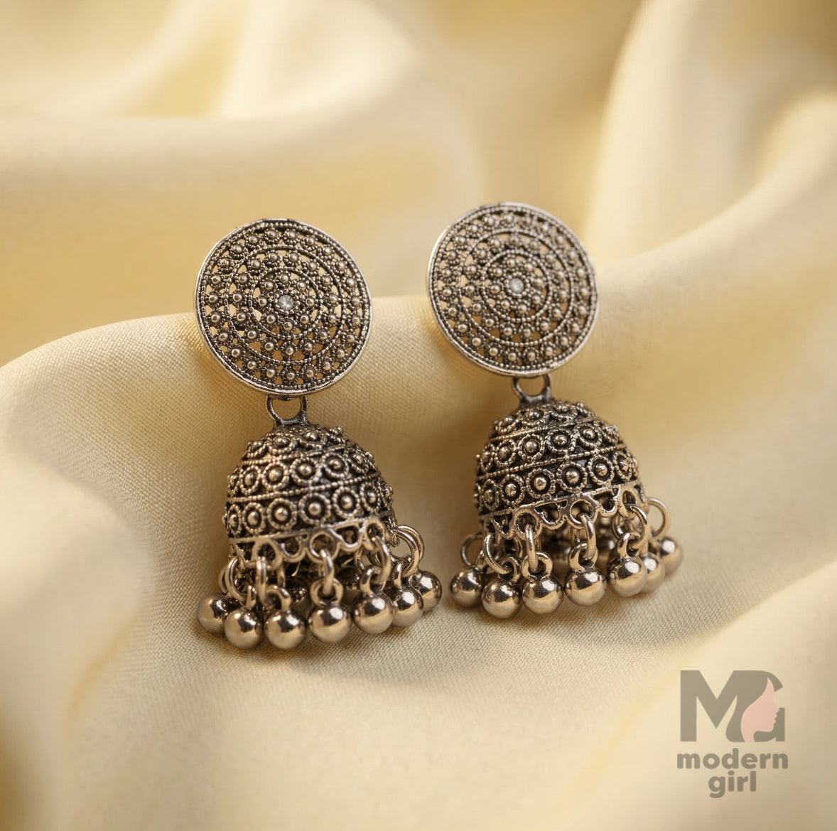Round Stud Oxidized Silver Jhumka Earrings for Women