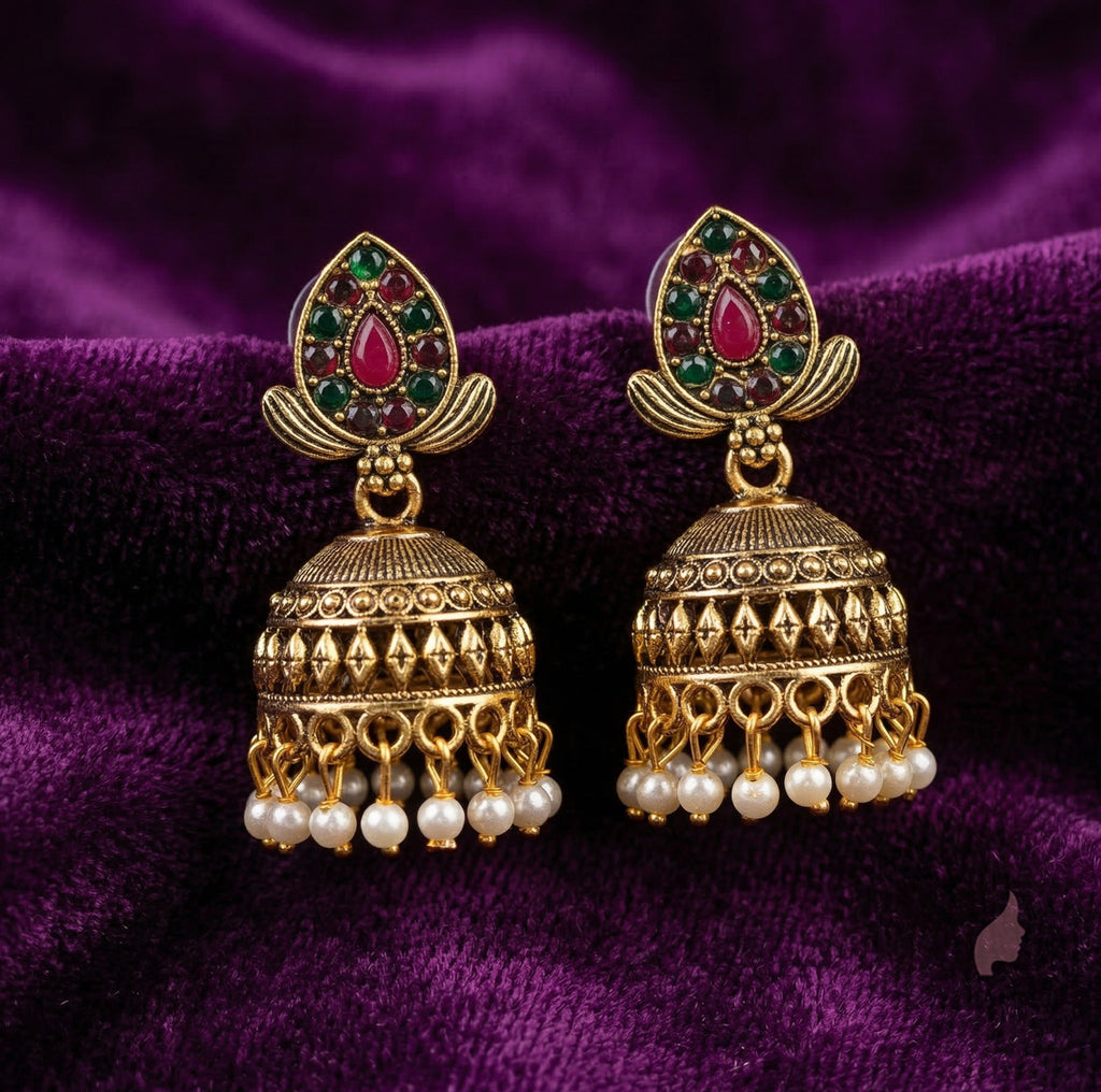 Traditional Temple Jhumka Earrings with Pearl Drops | Antique Ethnic Jewelry for Women