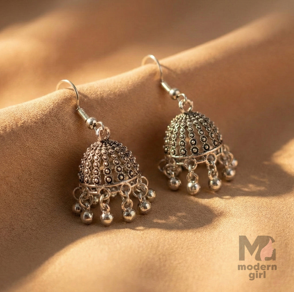 Oxidised Silver Hook Jhumka Earrings with Dangling Beads for Women