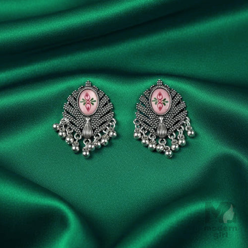German Silver Earrings with Pink Floral Design & Beaded Drops