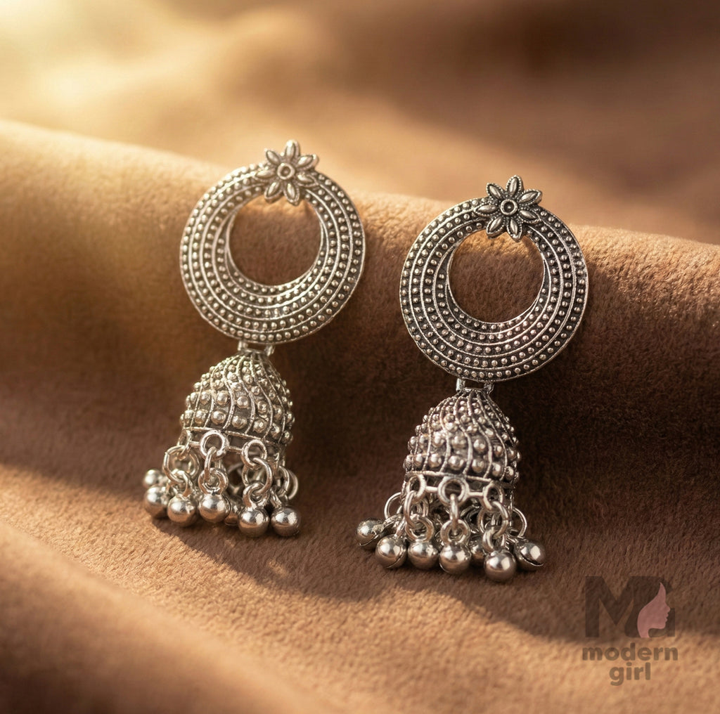 Oxidised Silver Circular Jhumka Earrings with Floral Design & Dangling Beads