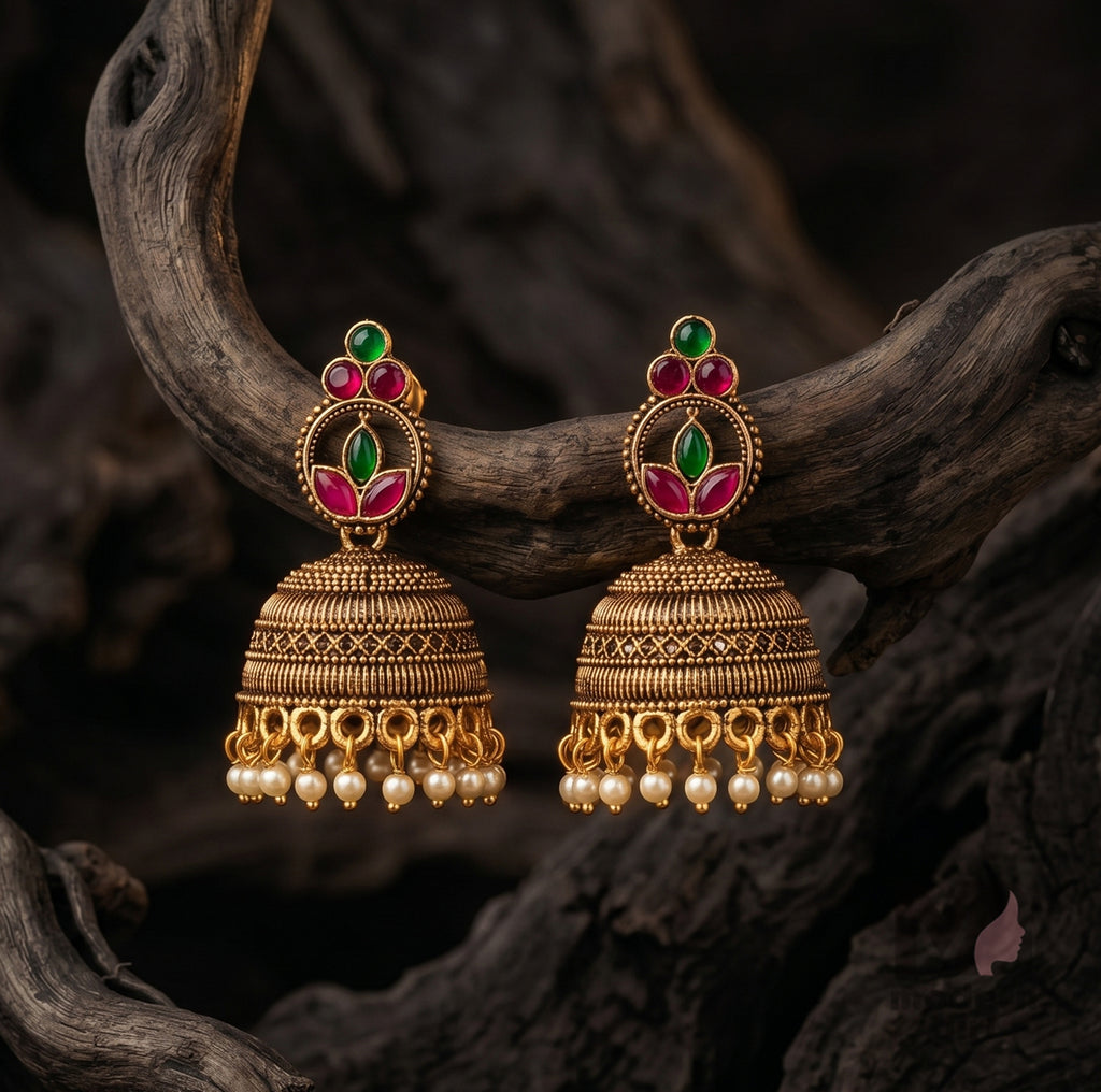 Royal Emerald Ruby Jhumka Earrings – Antique Gold Pearl Ethnic Design