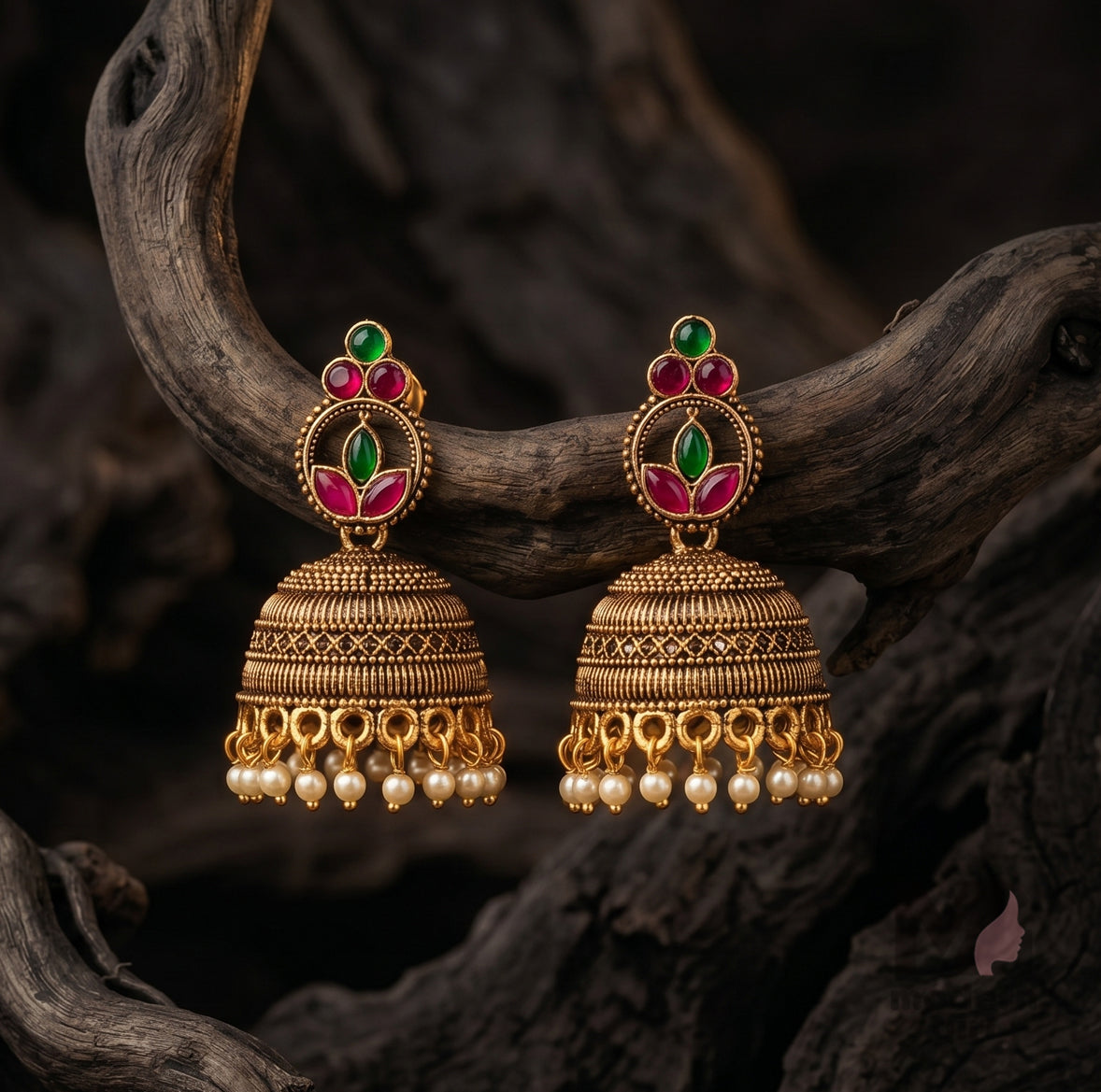Royal Emerald Ruby Jhumka Earrings – Antique Gold Pearl Ethnic Design