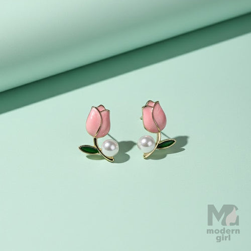 Pink Rose Stud Earrings with Pearl Drop