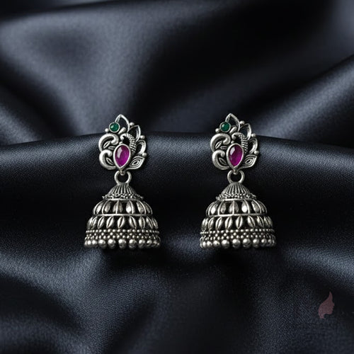 Oxidized Peacock Jhumka with Ruby Pink & Green Stone