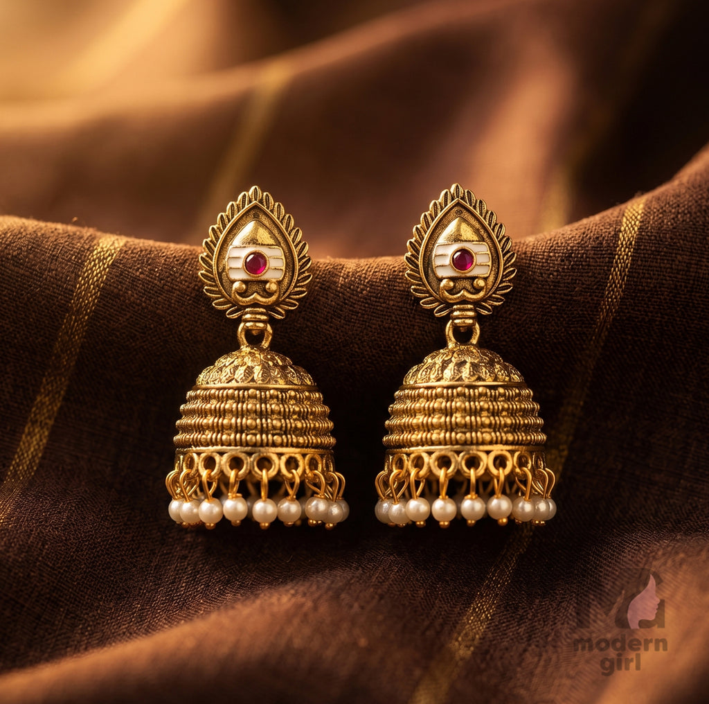 Muruga Pearl Jhumka Earrings – Antique Gold Traditional Ethnic Design