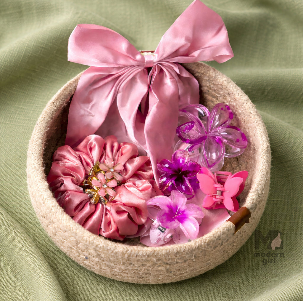 Premium Pink Princess Hair Accessory Combo – 7 Pcs Set