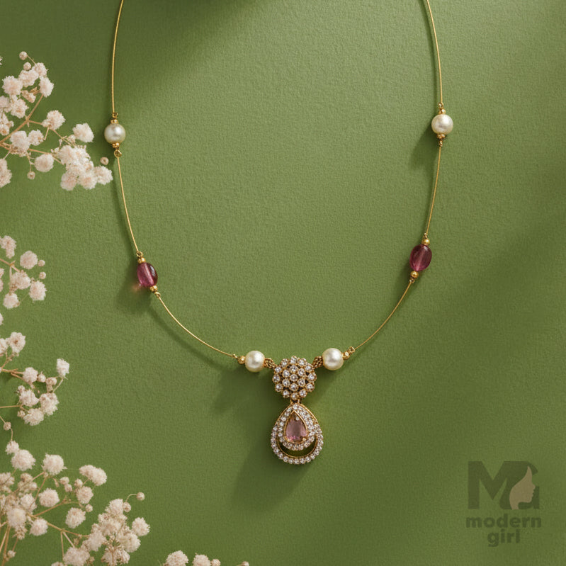 Invisible Chain Ruby & Pearl Floating Pendant Necklace