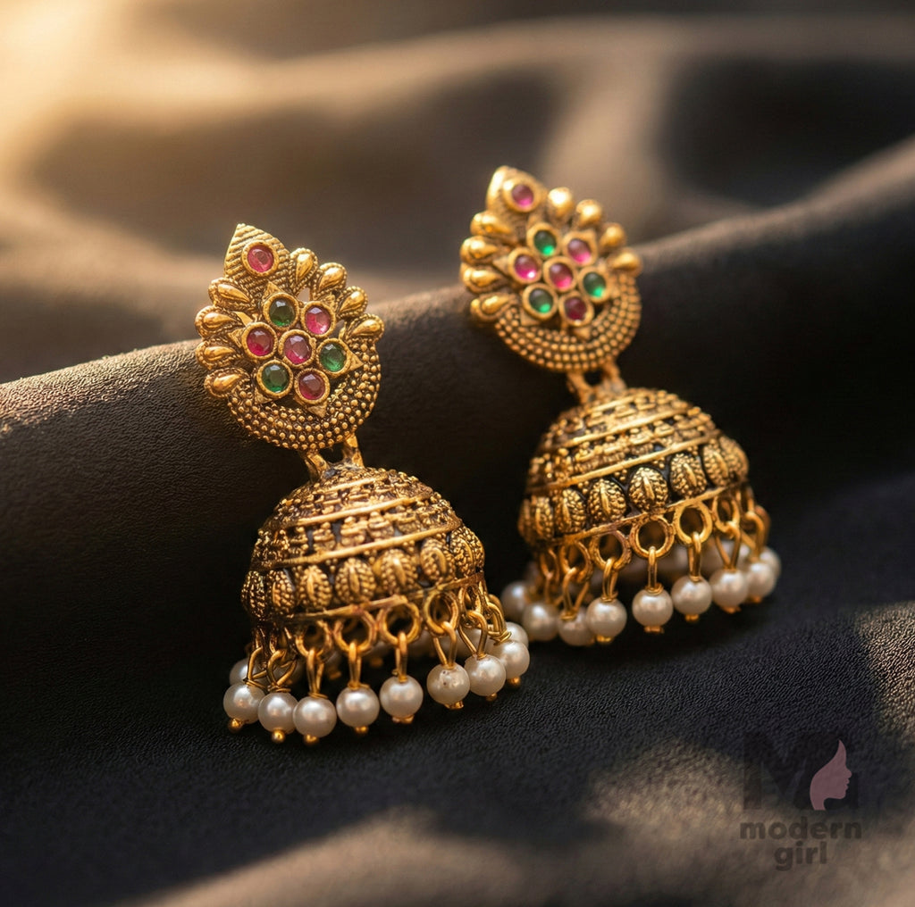 Antique Gold Multi-Stone Jhumka Earrings with Pearl Drops