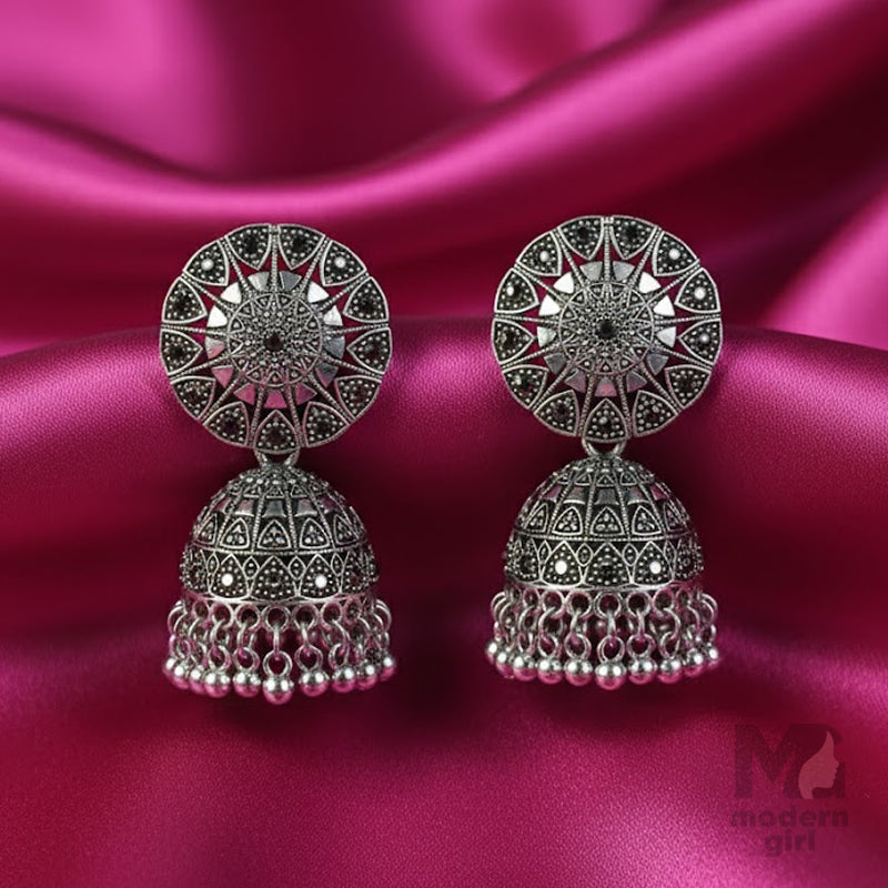 German Silver Mandala Sunburst Jhumka Earrings