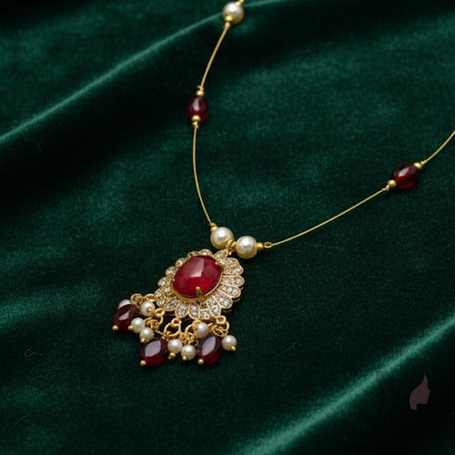 Invisible Chain Necklace with Ruby Stone & Pearl Drops