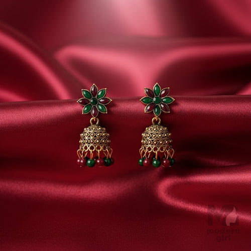 Traditional Green & Red Jhumka Earrings for Women – Antique Gold Finish