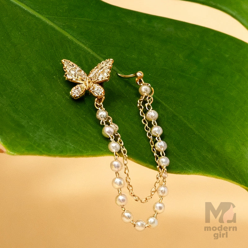 Golden Butterfly Stud Earring with Pearl Chain – Stylish Party Wear Jewelry