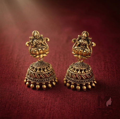 Antique Gold Lakshmi Jhumka Earrings for Women | Traditional Temple Jewelry