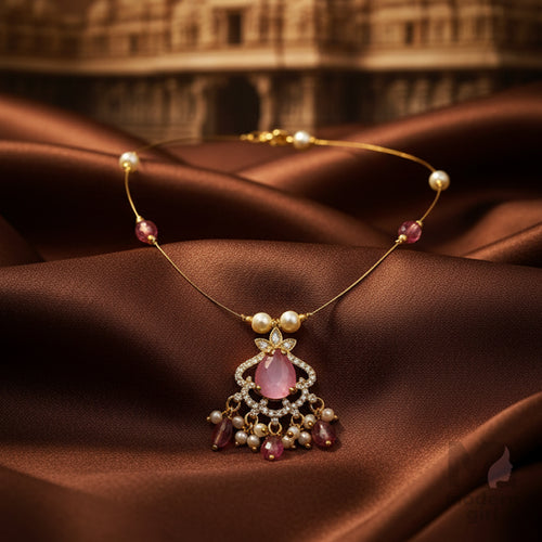 Invisible Chain Necklace with Pink Stone & Pearl Drops