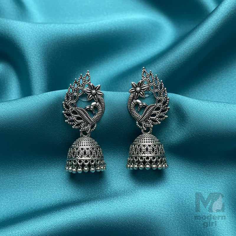 Peacock Oxidised Silver Jhumka