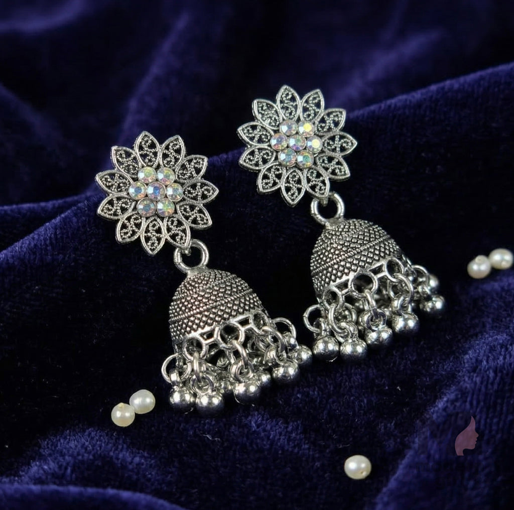 Floral Crystal Oxidized Silver Jhumka Earrings for Women