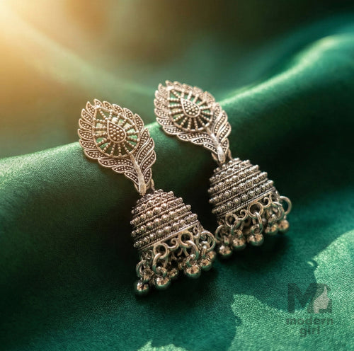 Oxidised Silver Leaf Jhumka Earrings