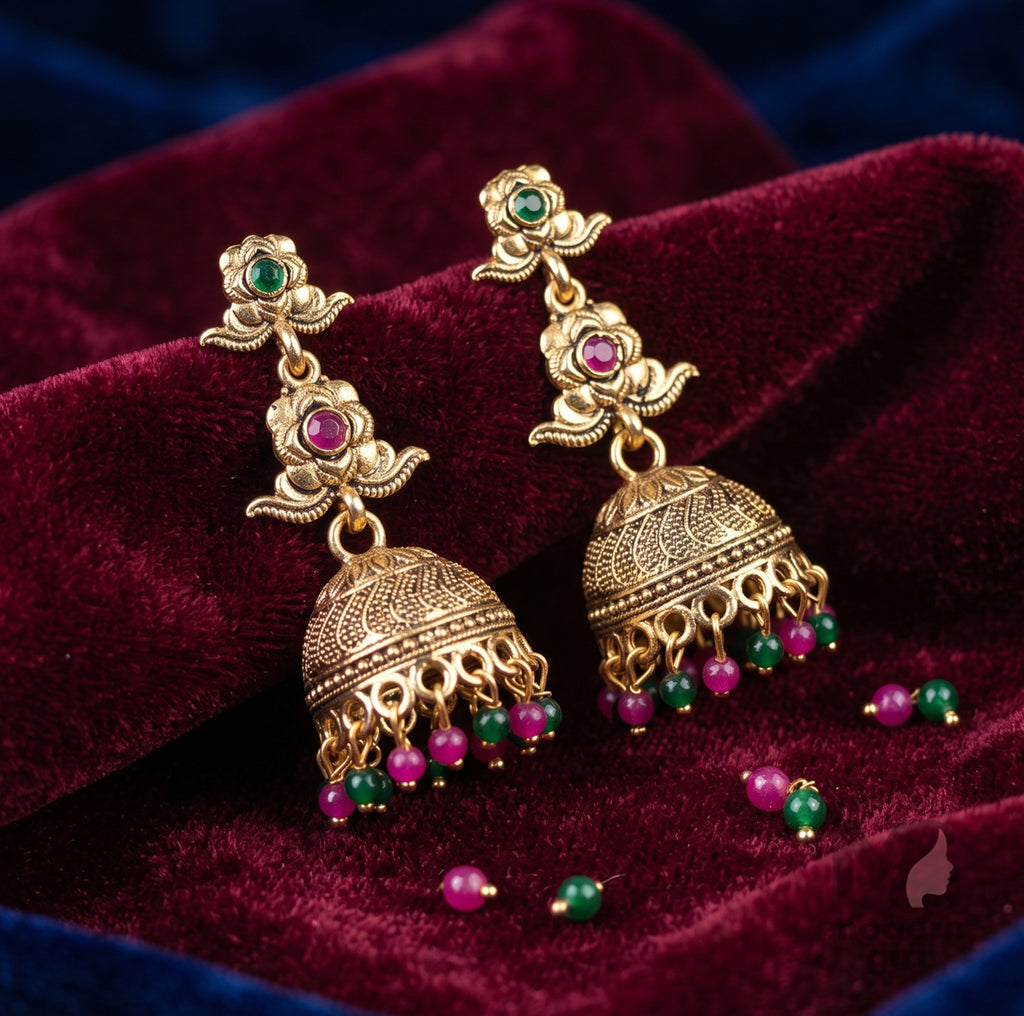 Floral Pearl Antique Jhumka Earrings – Traditional Gold Ethnic Design