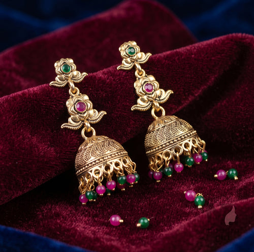 Floral Pearl Antique Jhumka Earrings – Traditional Gold Ethnic Design