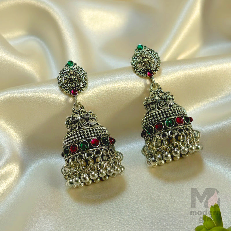 Oxidised Silver Temple Jhumka Earrings with Green & Pink Stones