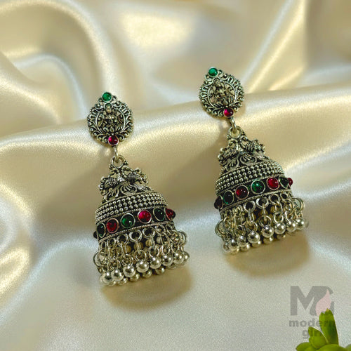 Oxidised Silver Temple Jhumka Earrings with Green & Pink Stones